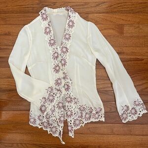 Vampire Gothic Cream Silk Lace Trim Blouse with Red Beading